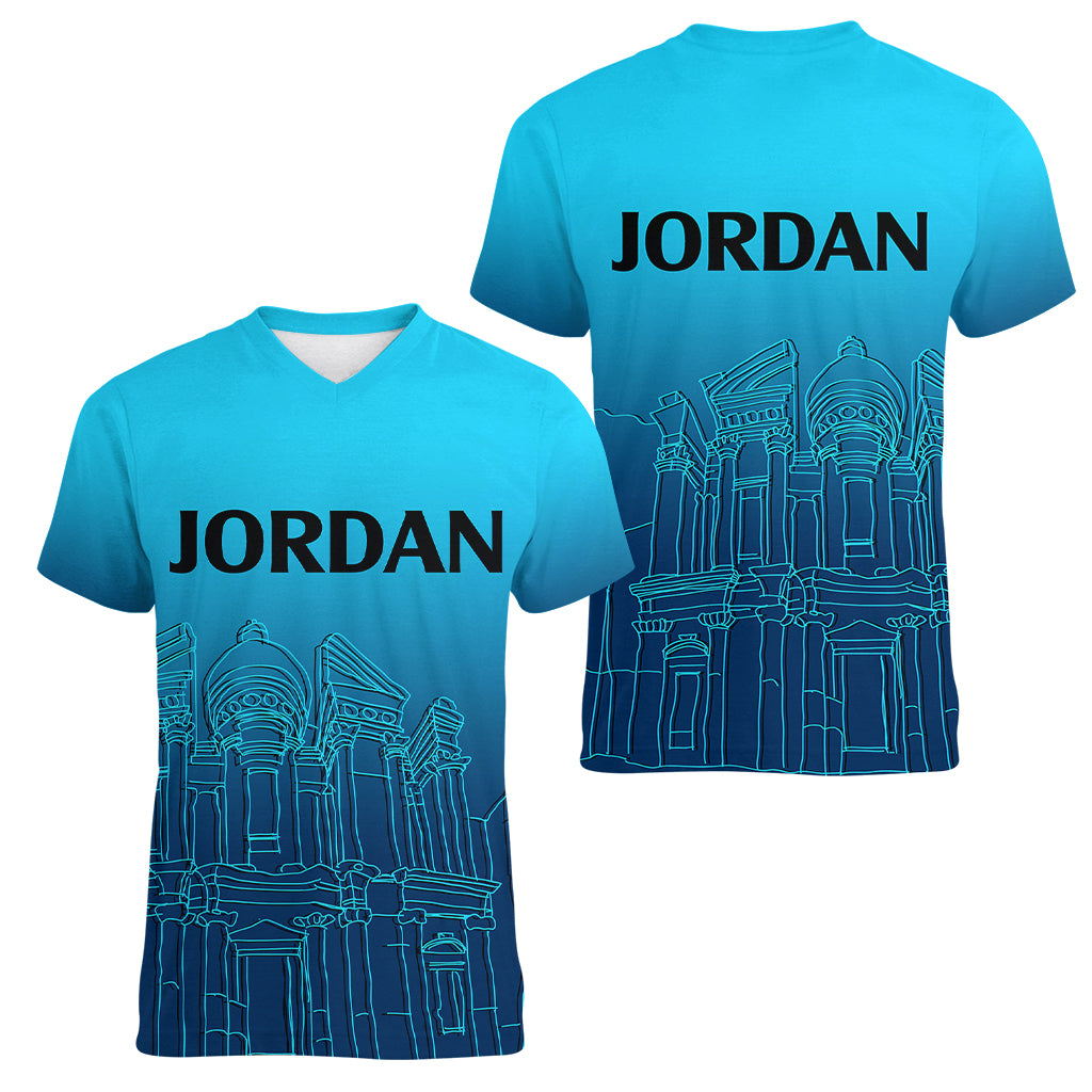 Jordan Women V Neck T Shirt Al-Khazneh in Jordan Blue Gradient - Wonder Print Shop