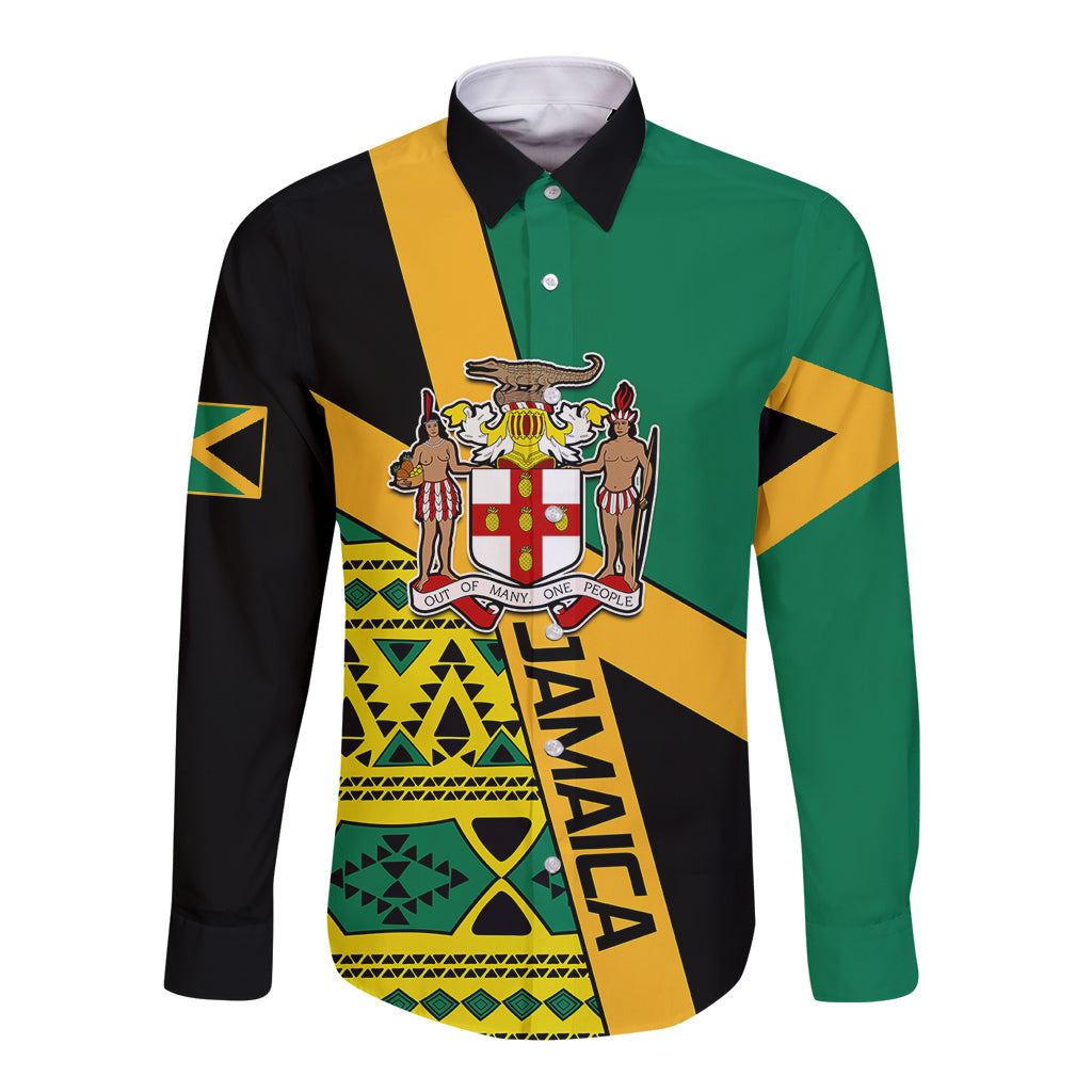 Personalised Jamaica Long Sleeve Button Shirt Ethnic Style In Jamaican Flag - Wonder Print Shop