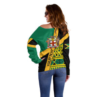 Personalised Jamaica Off Shoulder Sweater Ethnic Style In Jamaican Flag - Wonder Print Shop
