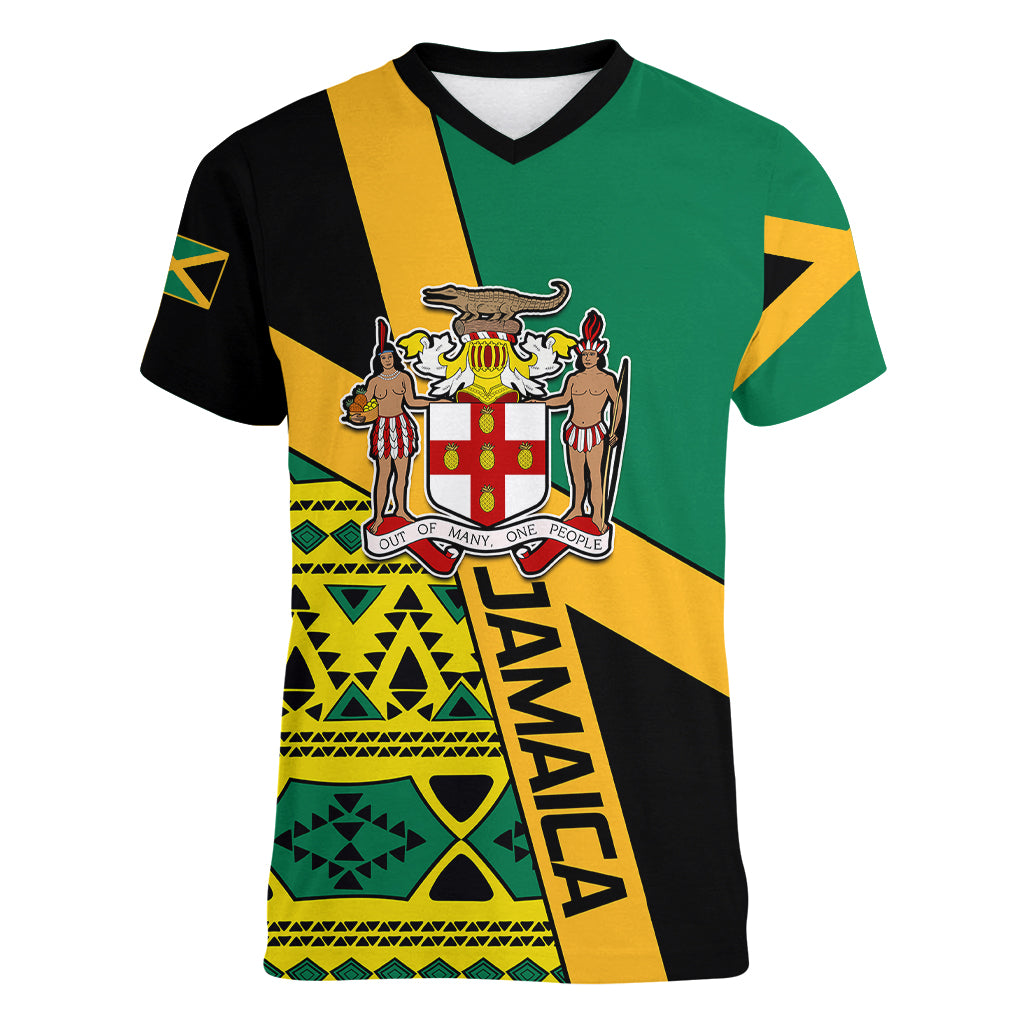 Personalised Jamaica Women V Neck T Shirt Ethnic Style In Jamaican Flag - Wonder Print Shop
