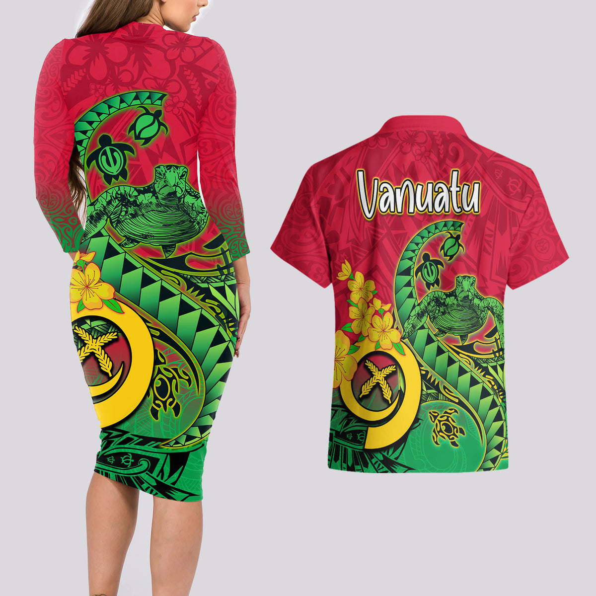 Vanuatu Islands Couples Matching Long Sleeve Bodycon Dress and Hawaiian Shirt Polynesian Tattoo and Sea Turtle LT9 - Wonder Print Shop