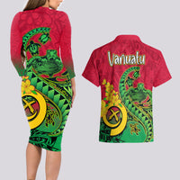 Vanuatu Islands Couples Matching Long Sleeve Bodycon Dress and Hawaiian Shirt Polynesian Tattoo and Sea Turtle LT9 - Wonder Print Shop
