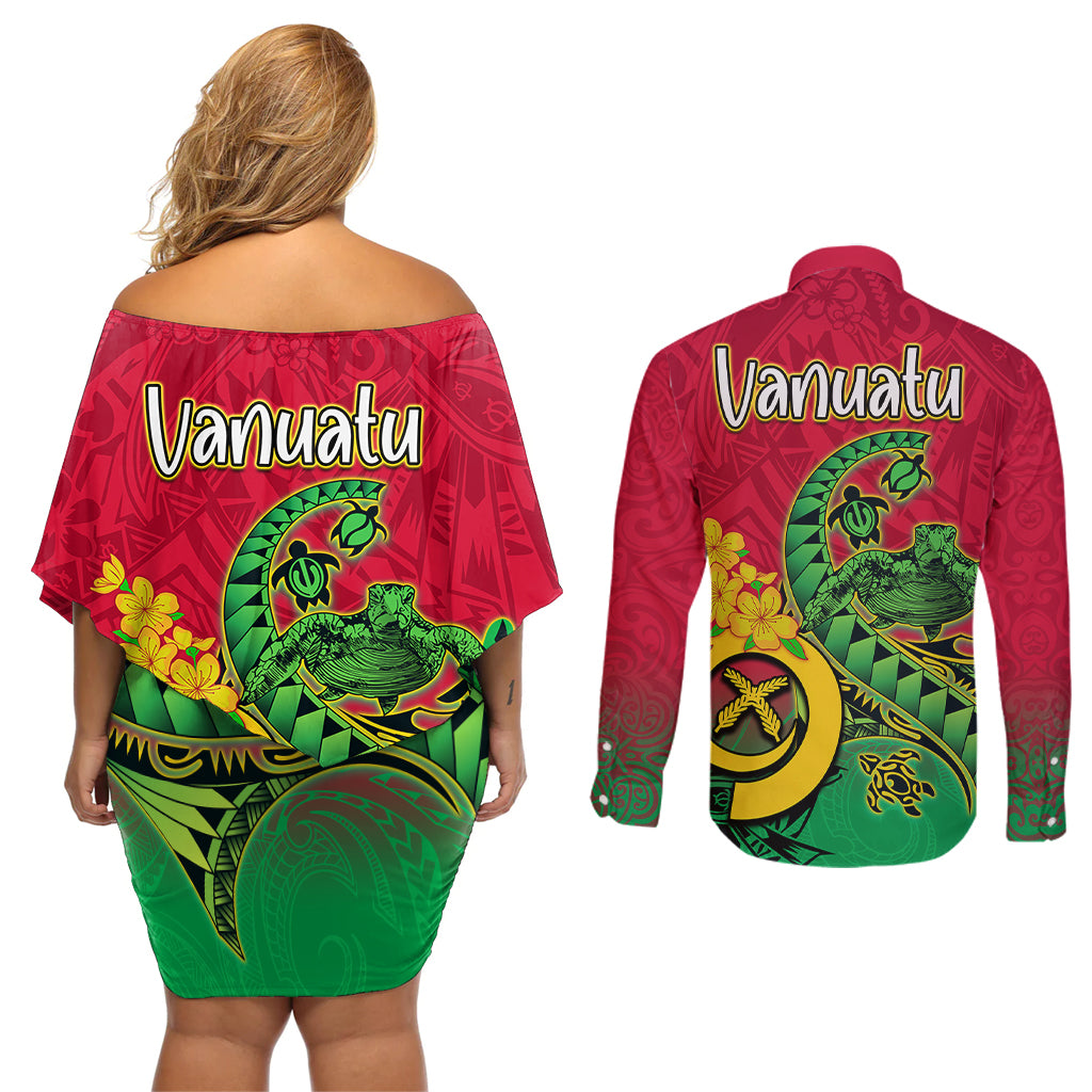 Vanuatu Islands Couples Matching Off Shoulder Short Dress and Long Sleeve Button Shirts Polynesian Tattoo and Sea Turtle LT9 - Wonder Print Shop