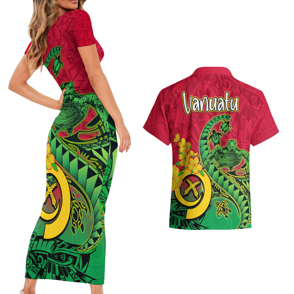 Vanuatu Islands Couples Matching Short Sleeve Bodycon Dress and Hawaiian Shirt Polynesian Tattoo and Sea Turtle LT9 - Wonder Print Shop