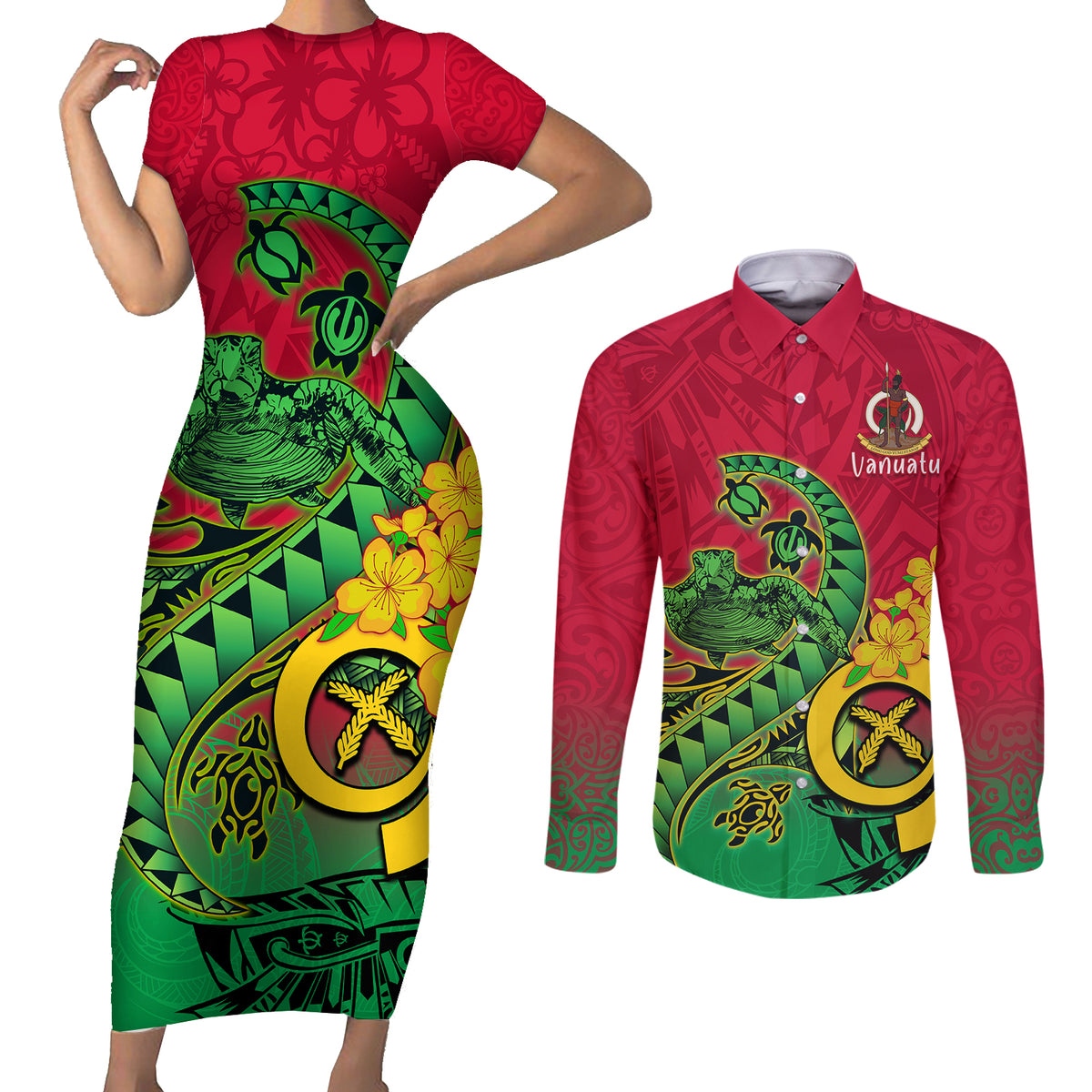Vanuatu Islands Couples Matching Short Sleeve Bodycon Dress and Long Sleeve Button Shirts Polynesian Tattoo and Sea Turtle LT9 - Wonder Print Shop
