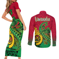 Vanuatu Islands Couples Matching Short Sleeve Bodycon Dress and Long Sleeve Button Shirts Polynesian Tattoo and Sea Turtle LT9 - Wonder Print Shop