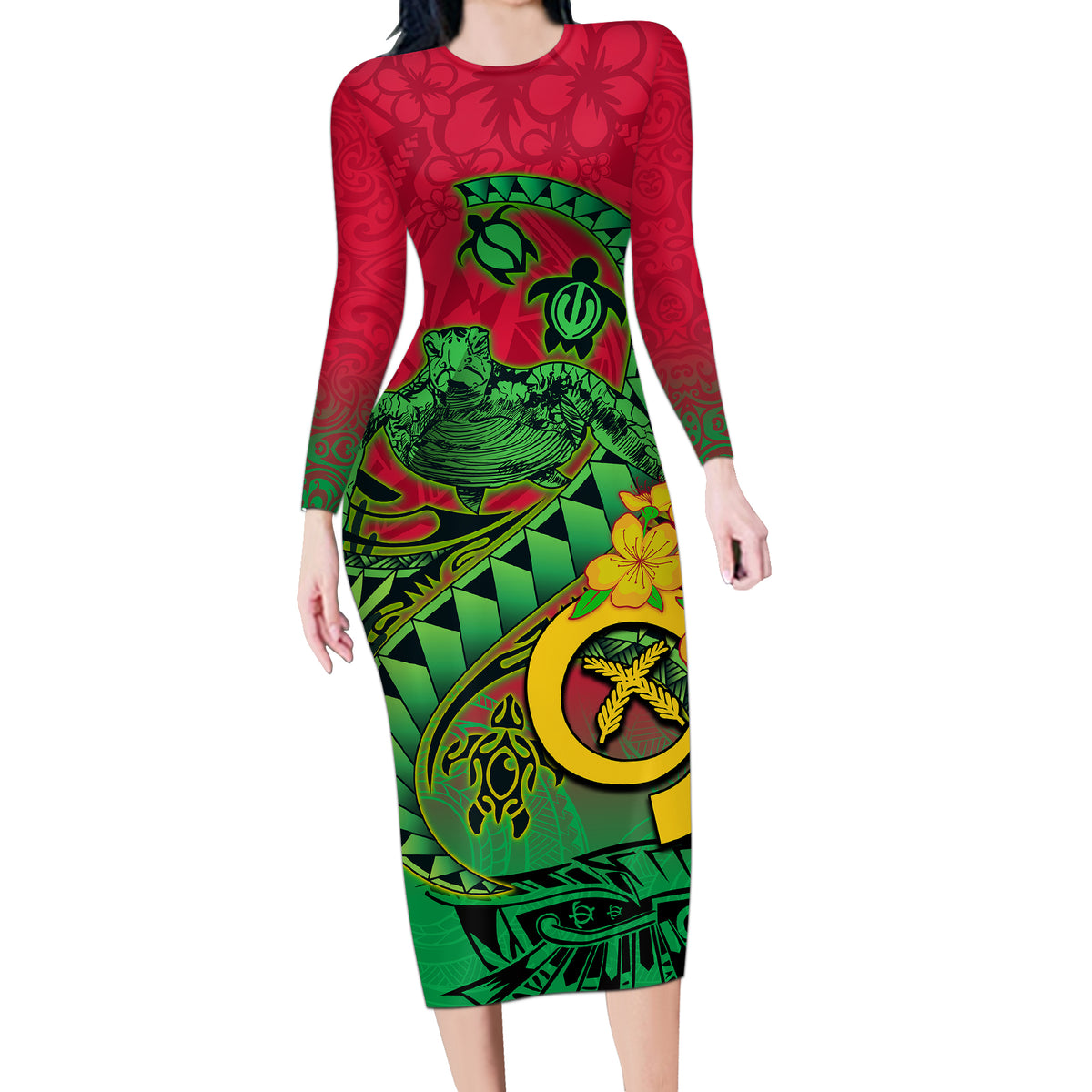 Vanuatu Islands Long Sleeve Bodycon Dress Polynesian Tattoo and Sea Turtle - Wonder Print Shop