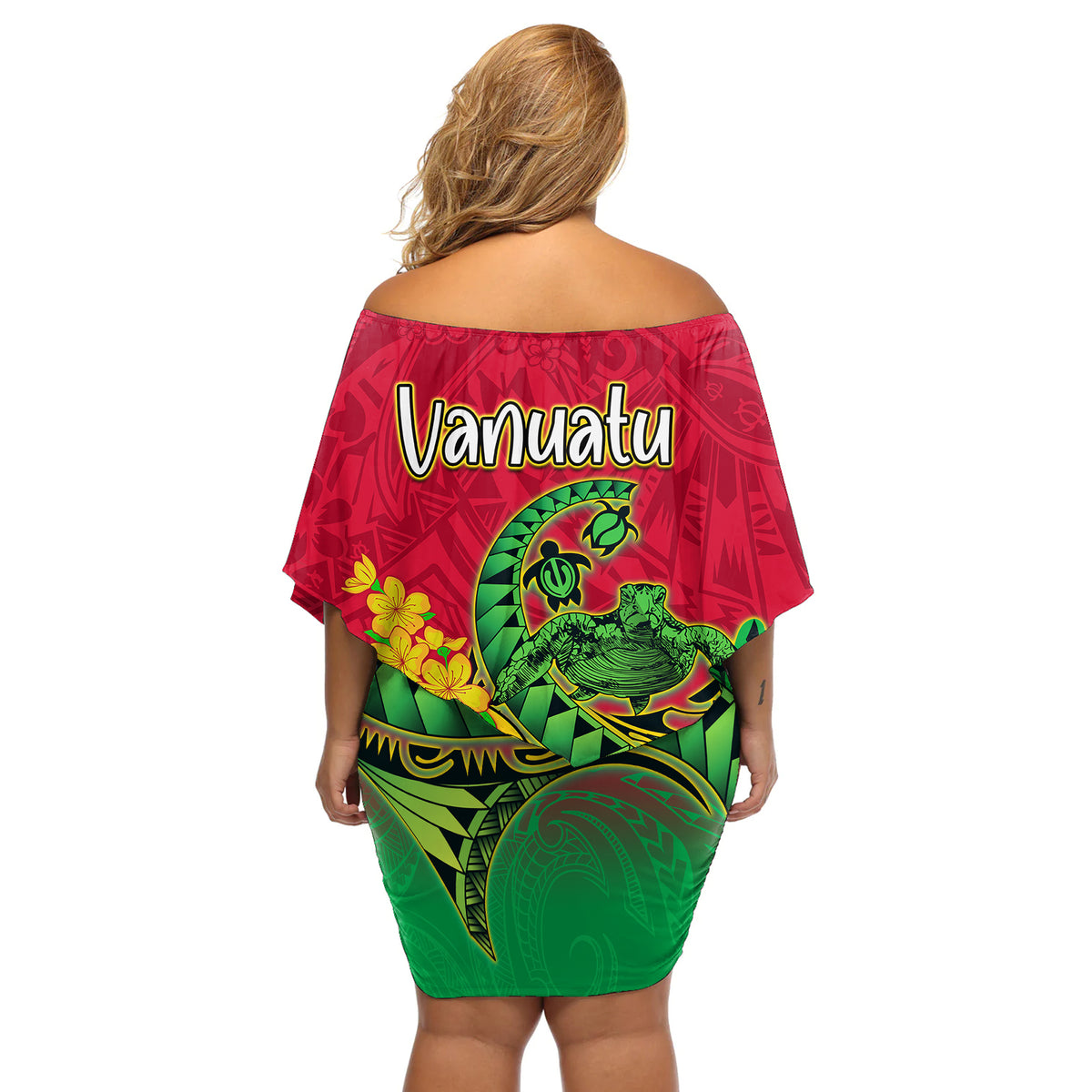 Vanuatu Islands Off Shoulder Short Dress Polynesian Tattoo and Sea Turtle - Wonder Print Shop