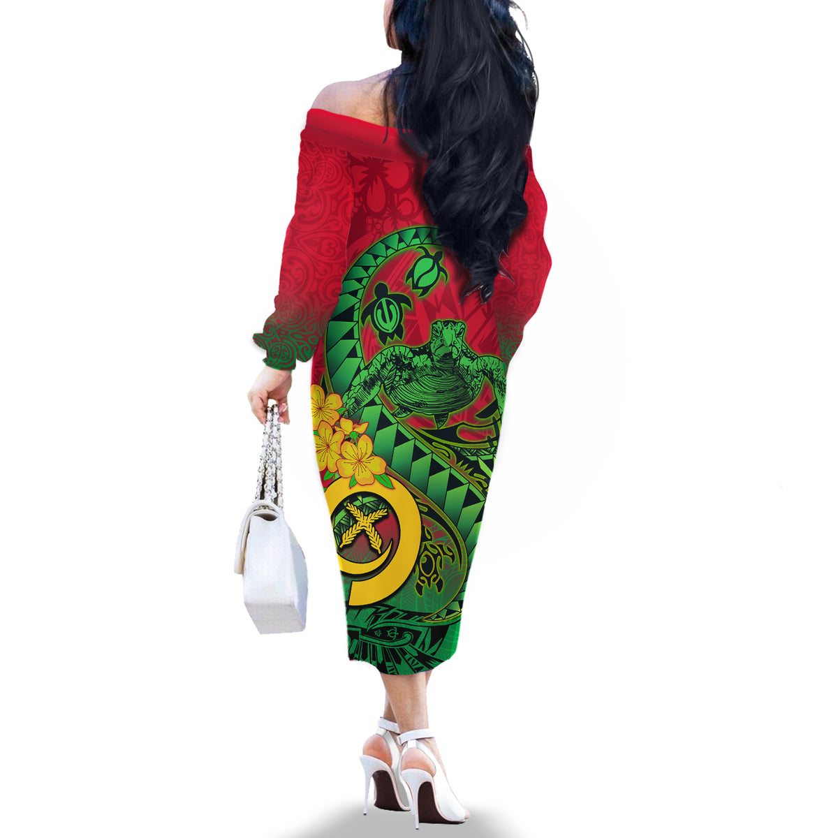 Vanuatu Islands Off The Shoulder Long Sleeve Dress Polynesian Tattoo and Sea Turtle - Wonder Print Shop