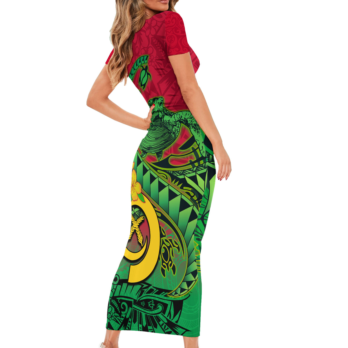 Vanuatu Islands Short Sleeve Bodycon Dress Polynesian Tattoo and Sea Turtle - Wonder Print Shop