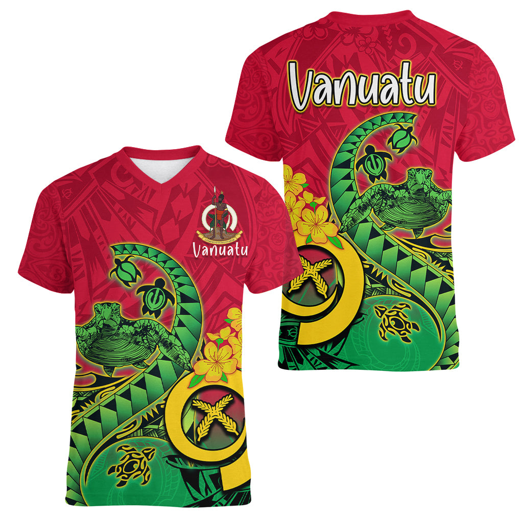 Vanuatu Islands Women V Neck T Shirt Polynesian Tattoo and Sea Turtle - Wonder Print Shop