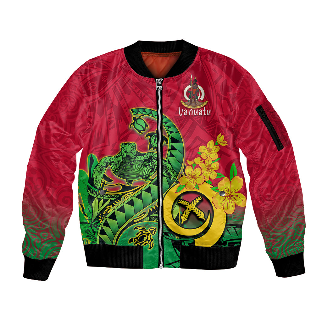 Personalised Vanuatu Islands Sleeve Zip Bomber Jacket Polynesian Tattoo and Sea Turtle - Wonder Print Shop
