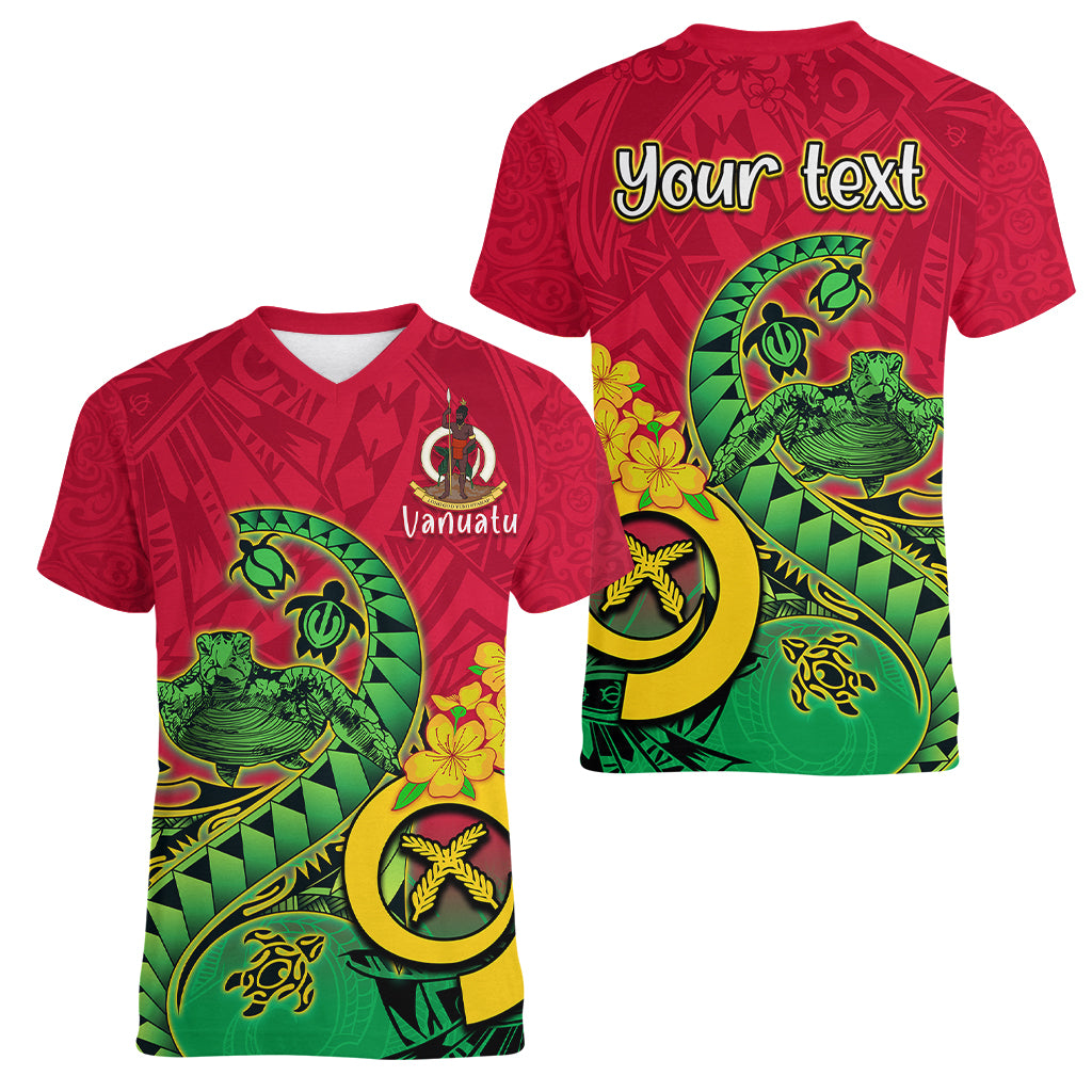 Personalised Vanuatu Islands Women V Neck T Shirt Polynesian Tattoo and Sea Turtle - Wonder Print Shop