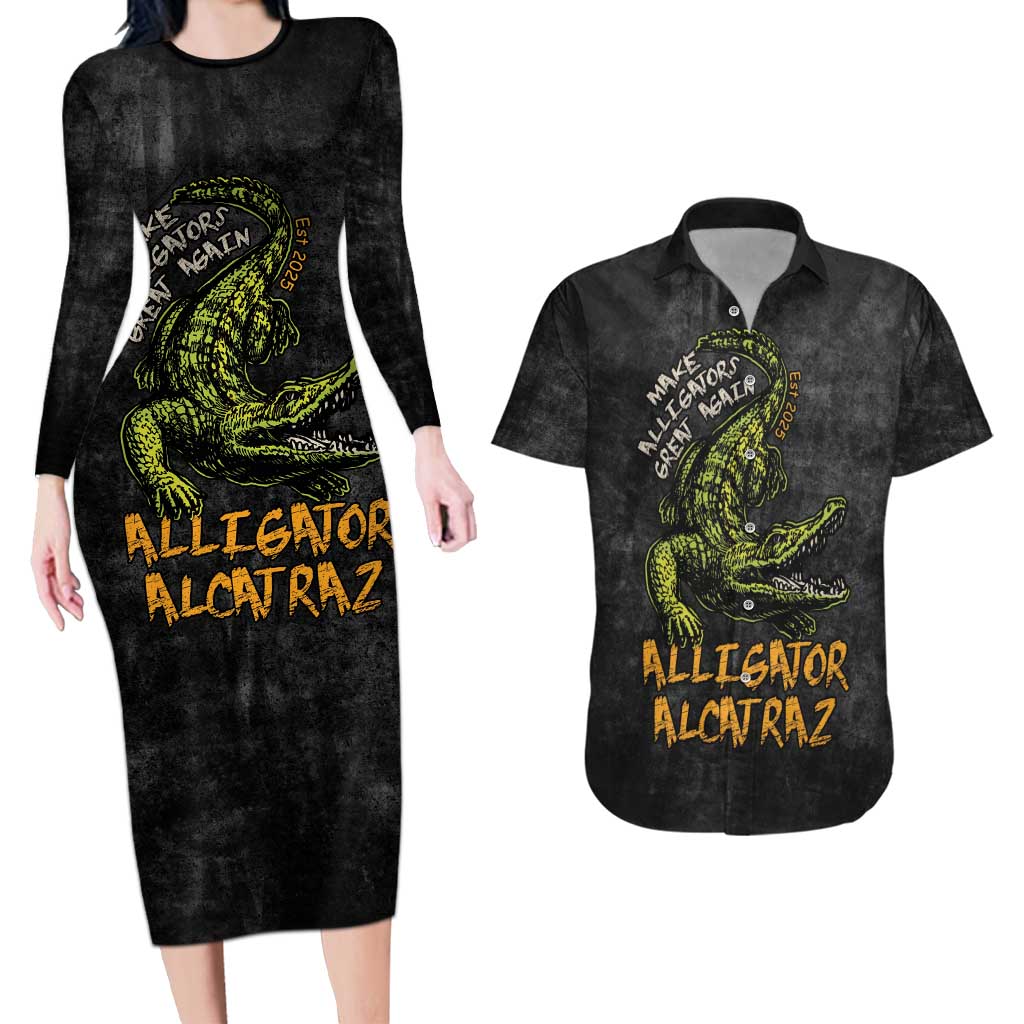 Alligator Alcatraz Est 2025 Couples Matching Long Sleeve Bodycon Dress and Hawaiian Shirt Vintage Retro - Wonder Print Shop
