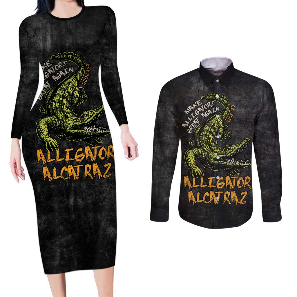 Alligator Alcatraz Est 2025 Couples Matching Long Sleeve Bodycon Dress and Long Sleeve Button Shirt Vintage Retro - Wonder Print Shop
