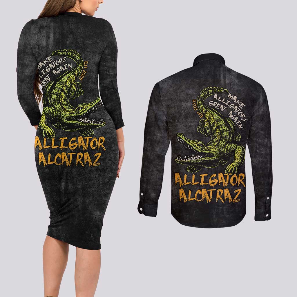 Alligator Alcatraz Est 2025 Couples Matching Long Sleeve Bodycon Dress and Long Sleeve Button Shirt Vintage Retro - Wonder Print Shop