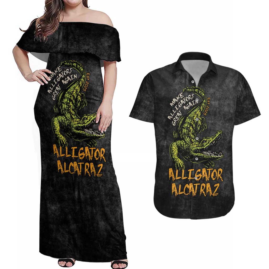 Alligator Alcatraz Est 2025 Couples Matching Off Shoulder Maxi Dress and Hawaiian Shirt Vintage Retro - Wonder Print Shop
