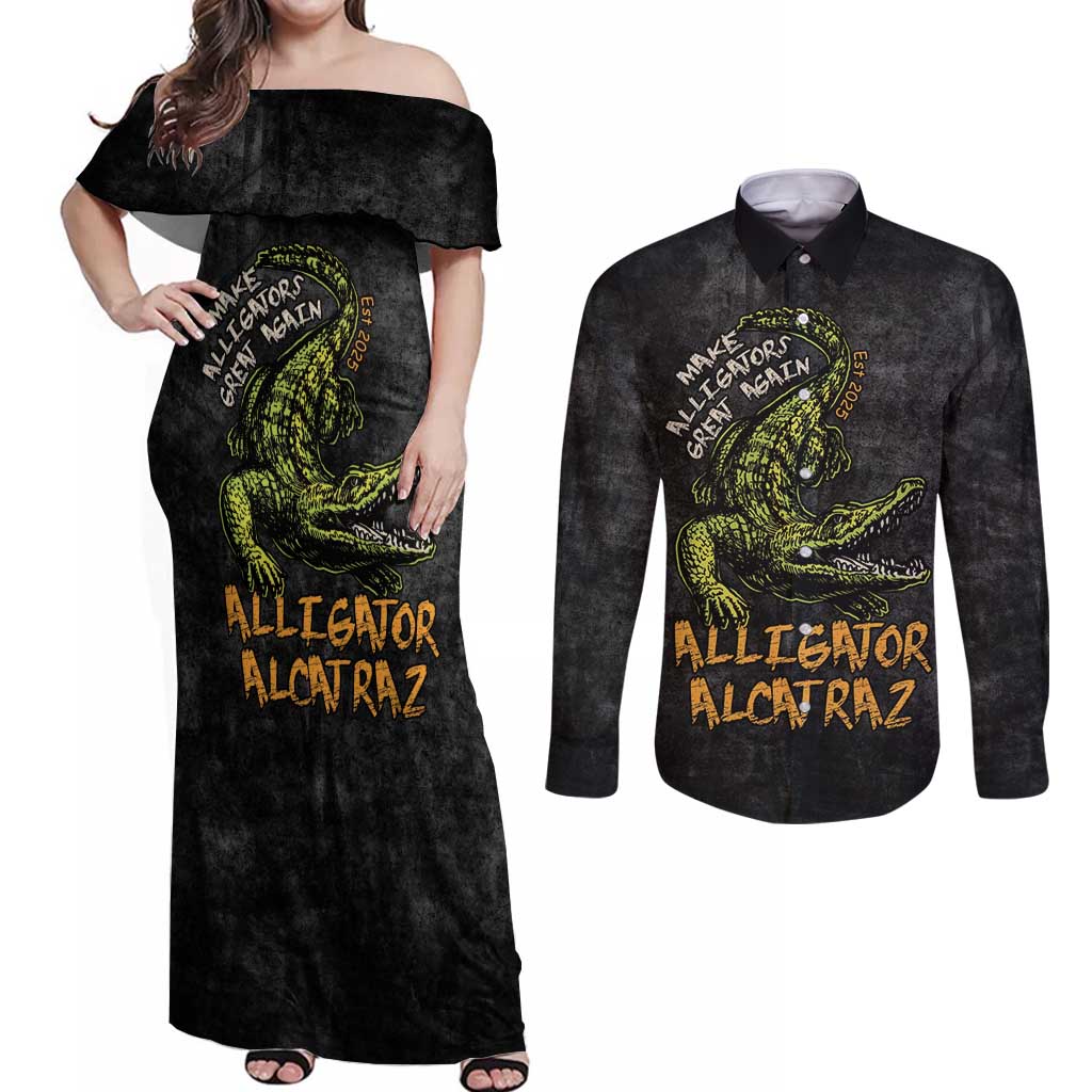 Alligator Alcatraz Est 2025 Couples Matching Off Shoulder Maxi Dress and Long Sleeve Button Shirt Vintage Retro - Wonder Print Shop
