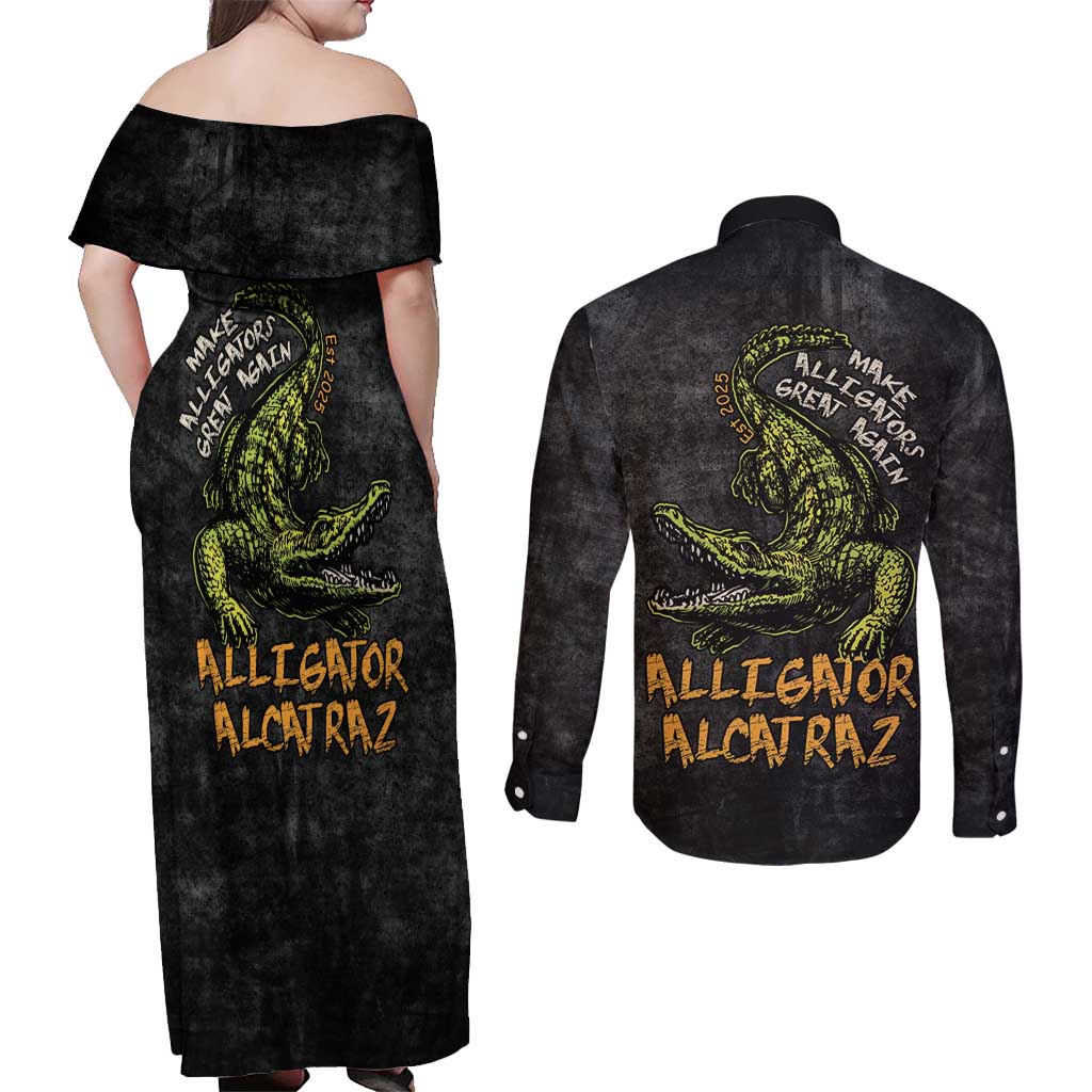 Alligator Alcatraz Est 2025 Couples Matching Off Shoulder Maxi Dress and Long Sleeve Button Shirt Vintage Retro - Wonder Print Shop