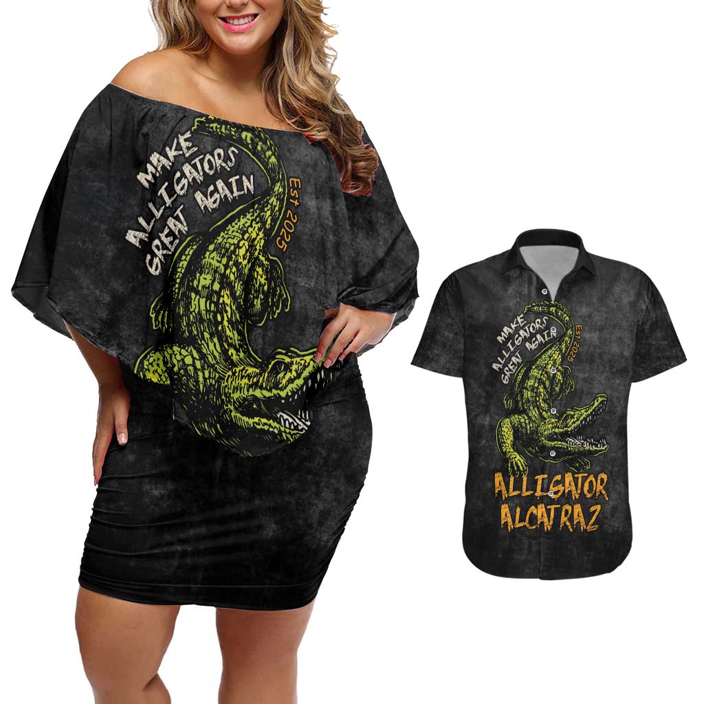 Alligator Alcatraz Est 2025 Couples Matching Off Shoulder Short Dress and Hawaiian Shirt Vintage Retro - Wonder Print Shop