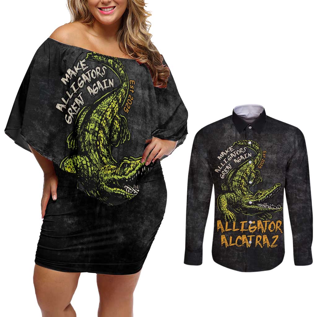 Alligator Alcatraz Est 2025 Couples Matching Off Shoulder Short Dress and Long Sleeve Button Shirt Vintage Retro - Wonder Print Shop