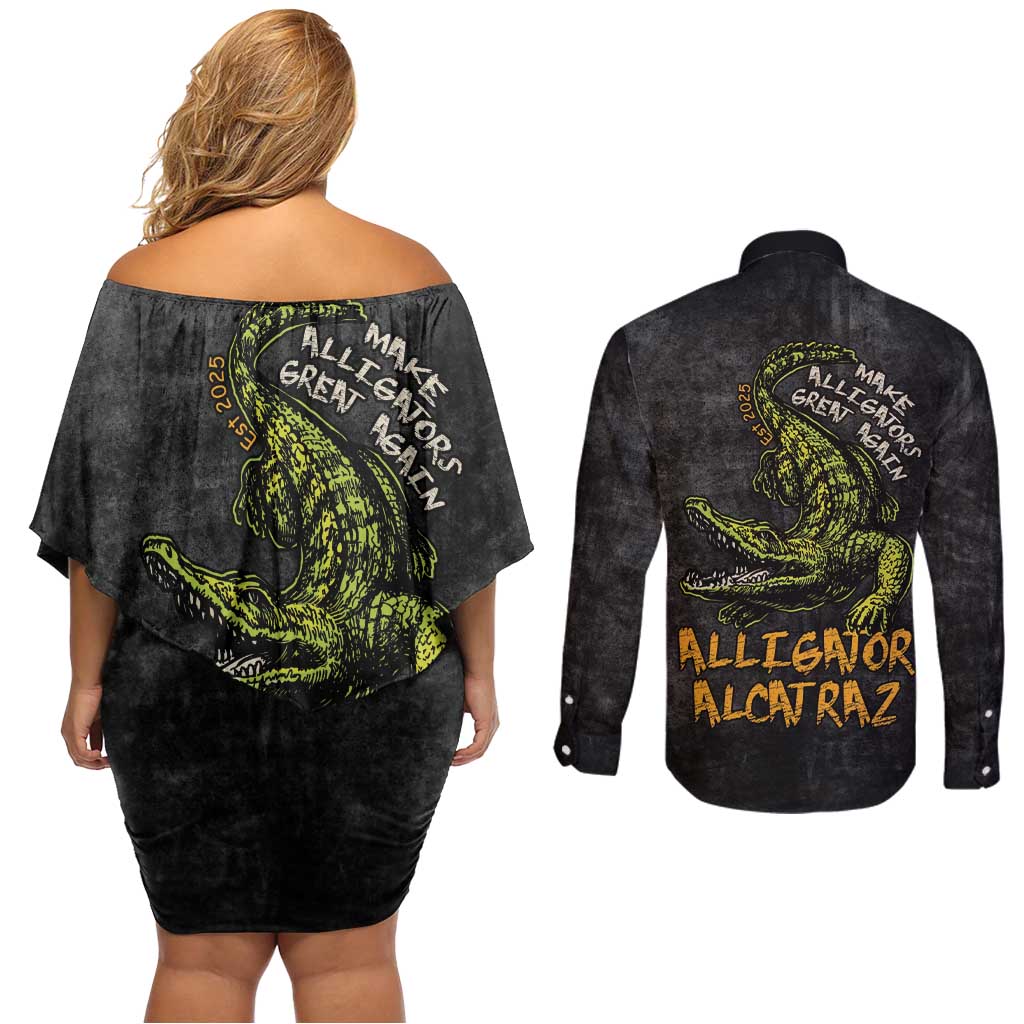 Alligator Alcatraz Est 2025 Couples Matching Off Shoulder Short Dress and Long Sleeve Button Shirt Vintage Retro - Wonder Print Shop