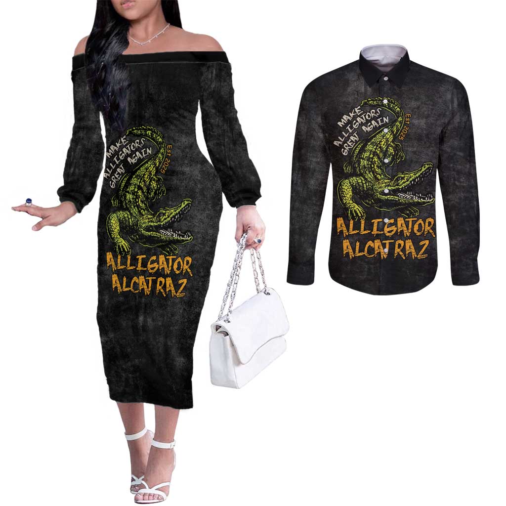 Alligator Alcatraz Est 2025 Couples Matching Off The Shoulder Long Sleeve Dress and Long Sleeve Button Shirt Vintage Retro - Wonder Print Shop
