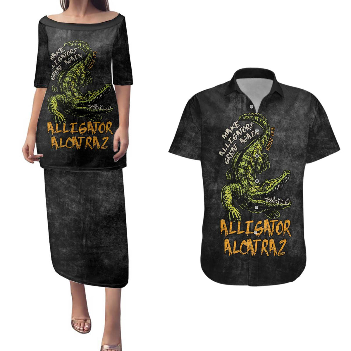 Alligator Alcatraz Est 2025 Couples Matching Puletasi and Hawaiian Shirt Vintage Retro - Wonder Print Shop