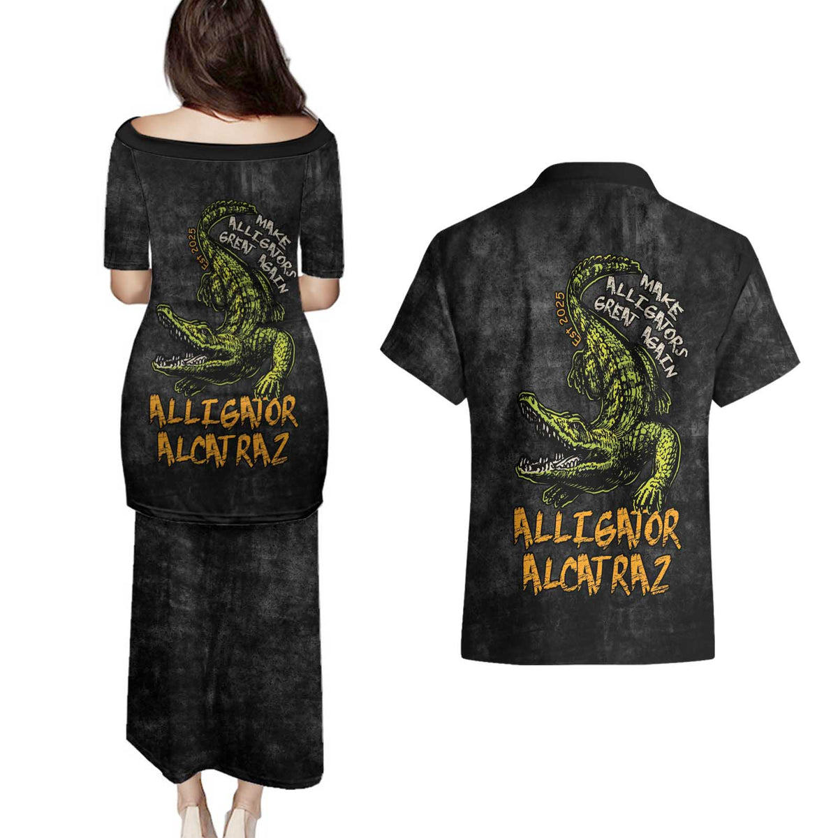 Alligator Alcatraz Est 2025 Couples Matching Puletasi and Hawaiian Shirt Vintage Retro - Wonder Print Shop