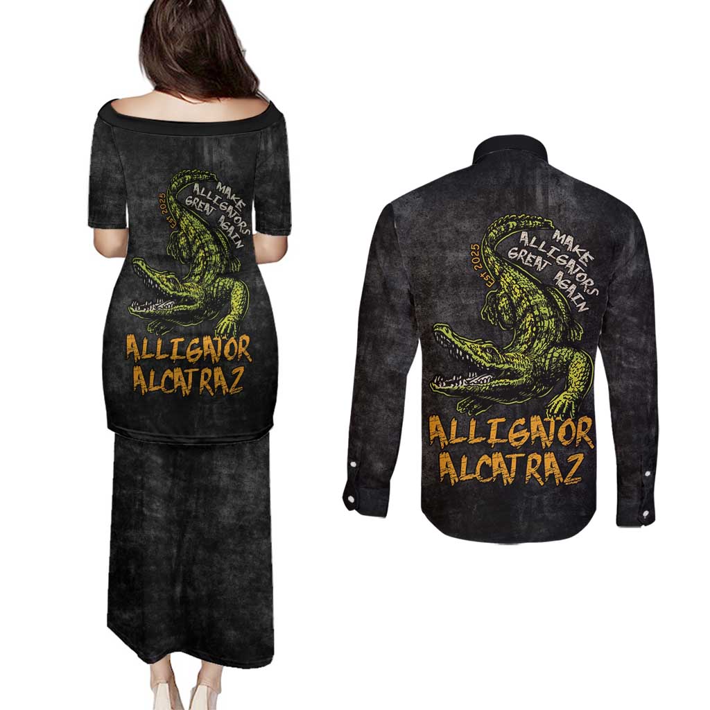Alligator Alcatraz Est 2025 Couples Matching Puletasi and Long Sleeve Button Shirt Vintage Retro - Wonder Print Shop