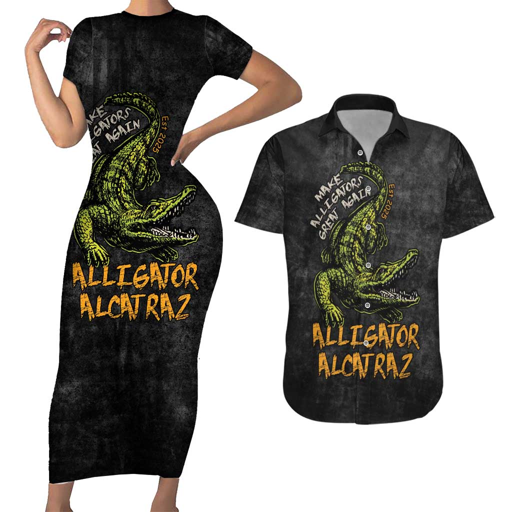 Alligator Alcatraz Est 2025 Couples Matching Short Sleeve Bodycon Dress and Hawaiian Shirt Vintage Retro - Wonder Print Shop