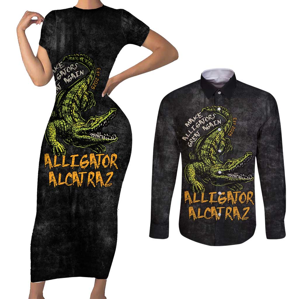 Alligator Alcatraz Est 2025 Couples Matching Short Sleeve Bodycon Dress and Long Sleeve Button Shirt Vintage Retro - Wonder Print Shop