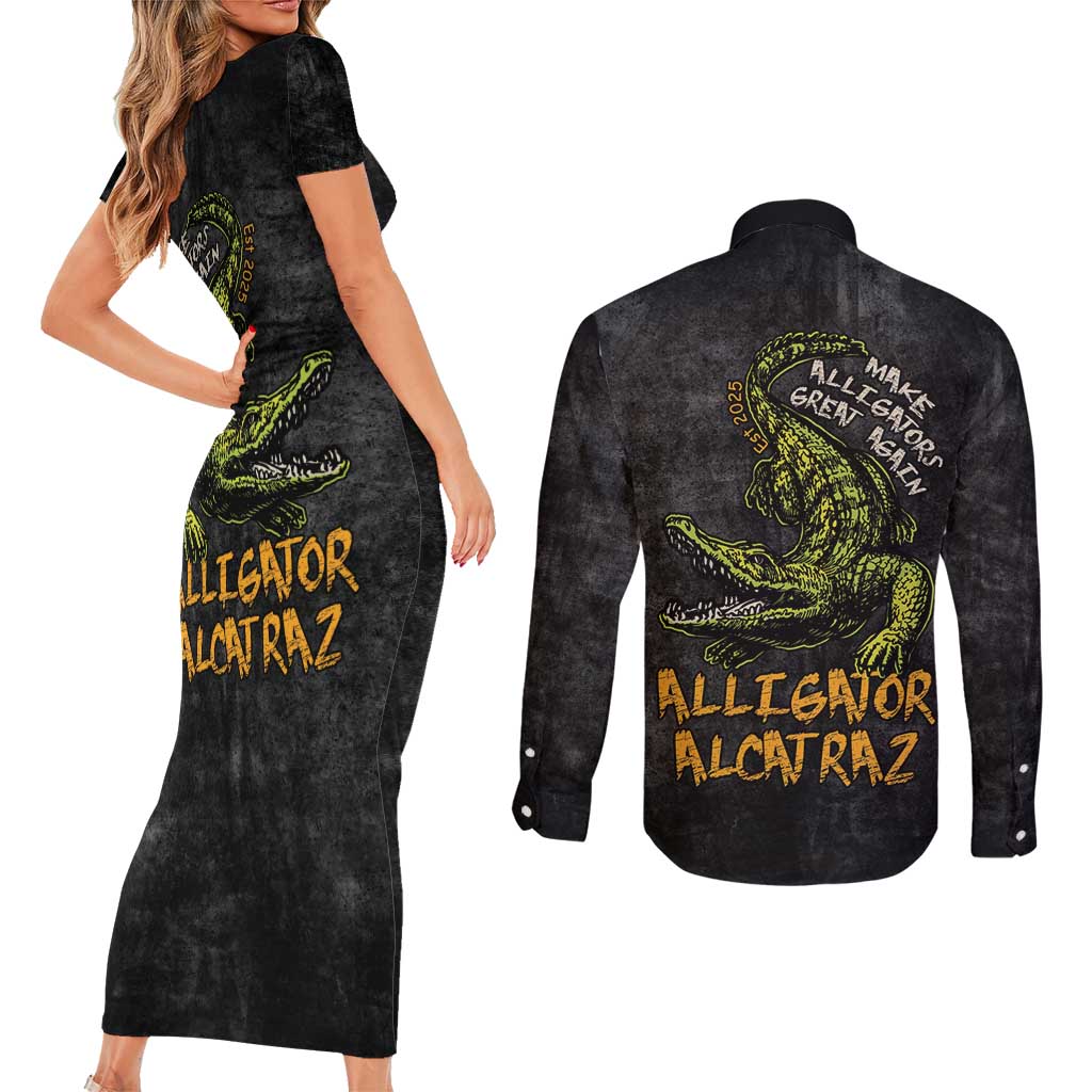Alligator Alcatraz Est 2025 Couples Matching Short Sleeve Bodycon Dress and Long Sleeve Button Shirt Vintage Retro - Wonder Print Shop