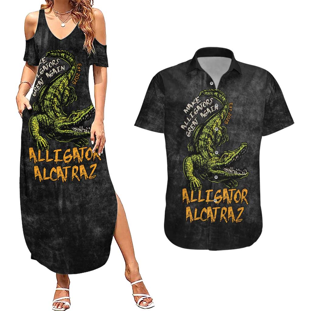 Alligator Alcatraz Est 2025 Couples Matching Summer Maxi Dress and Hawaiian Shirt Vintage Retro - Wonder Print Shop