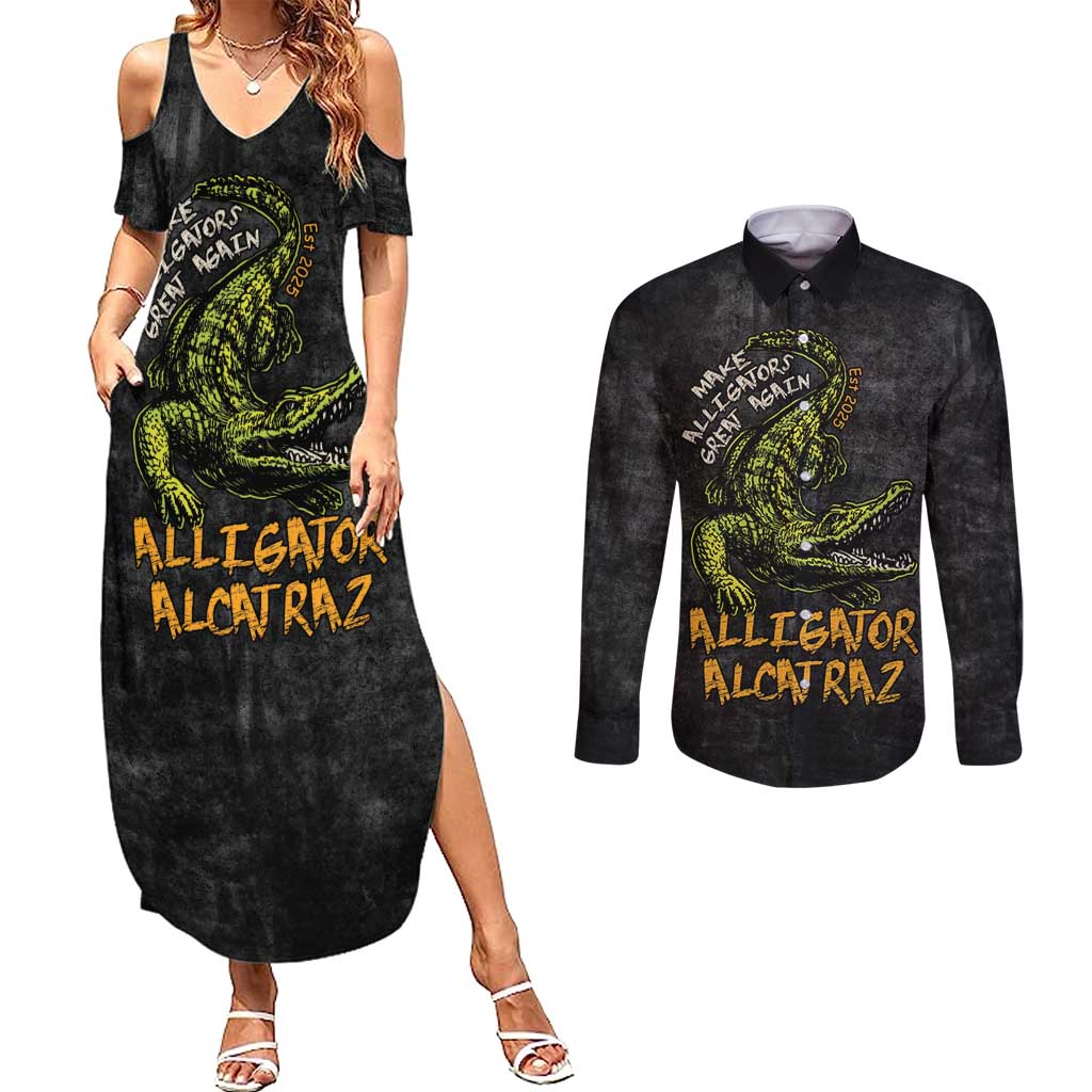 Alligator Alcatraz Est 2025 Couples Matching Summer Maxi Dress and Long Sleeve Button Shirt Vintage Retro - Wonder Print Shop