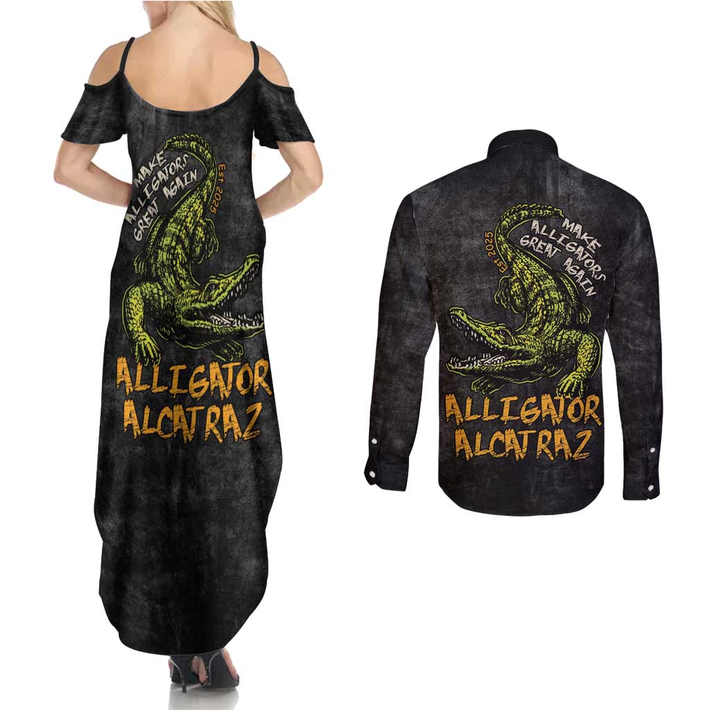 Alligator Alcatraz Est 2025 Couples Matching Summer Maxi Dress and Long Sleeve Button Shirt Vintage Retro - Wonder Print Shop