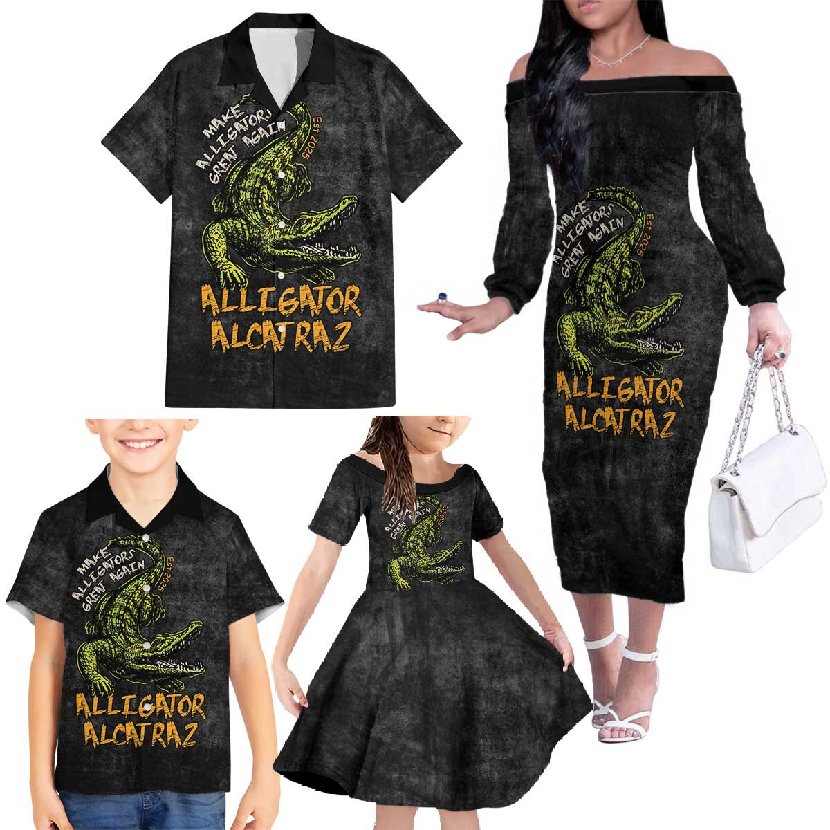Alligator Alcatraz Est 2025 Family Matching Off The Shoulder Long Sleeve Dress and Hawaiian Shirt Vintage Retro - Wonder Print Shop