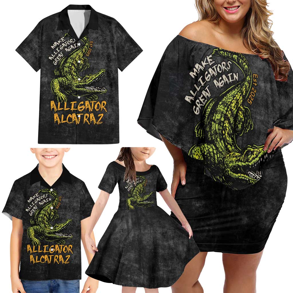Alligator Alcatraz Est 2025 Family Matching Off Shoulder Short Dress and Hawaiian Shirt Vintage Retro - Wonder Print Shop