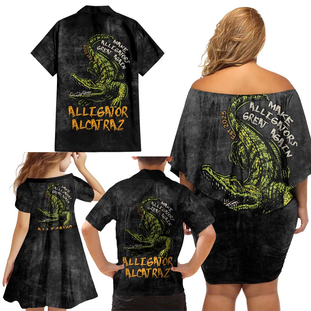 Alligator Alcatraz Est 2025 Family Matching Off Shoulder Short Dress and Hawaiian Shirt Vintage Retro - Wonder Print Shop