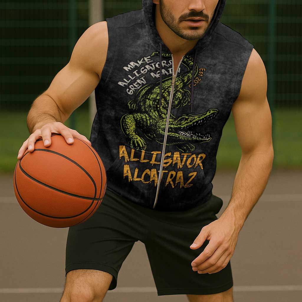 Alligator Alcatraz Est 2025 Sleeveless Zip Hoodie Vintage Retro - Wonder Print Shop