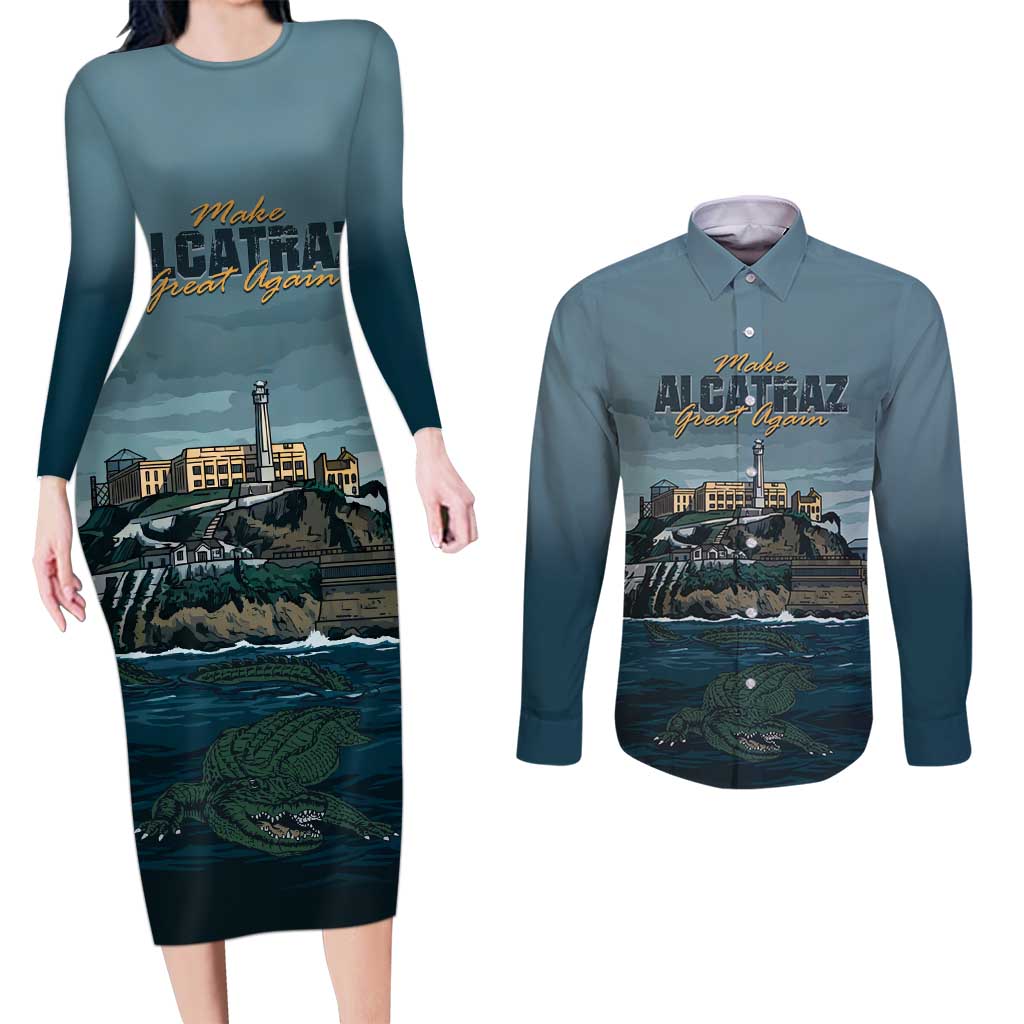 Make Alcatraz Great Again Couples Matching Long Sleeve Bodycon Dress and Long Sleeve Button Shirt Vintage Retro - Wonder Print Shop