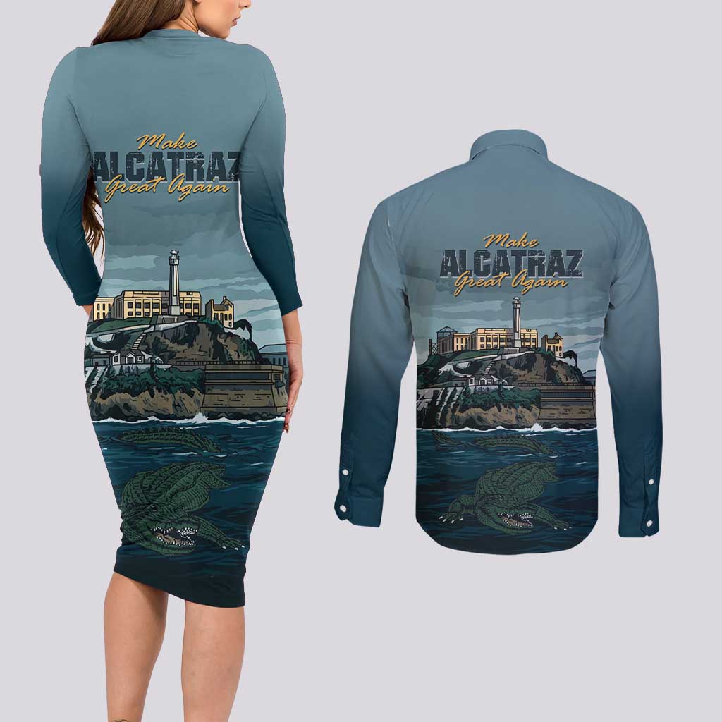 Make Alcatraz Great Again Couples Matching Long Sleeve Bodycon Dress and Long Sleeve Button Shirt Vintage Retro - Wonder Print Shop