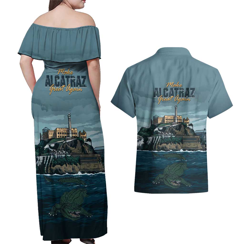 Make Alcatraz Great Again Couples Matching Off Shoulder Maxi Dress and Hawaiian Shirt Vintage Retro - Wonder Print Shop