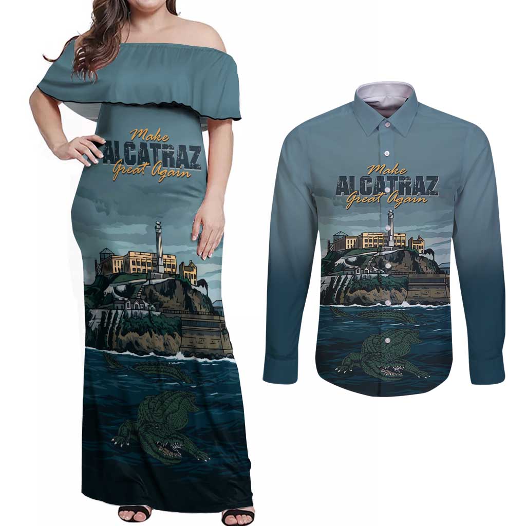 Make Alcatraz Great Again Couples Matching Off Shoulder Maxi Dress and Long Sleeve Button Shirt Vintage Retro - Wonder Print Shop