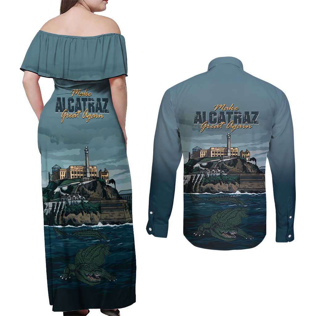 Make Alcatraz Great Again Couples Matching Off Shoulder Maxi Dress and Long Sleeve Button Shirt Vintage Retro - Wonder Print Shop