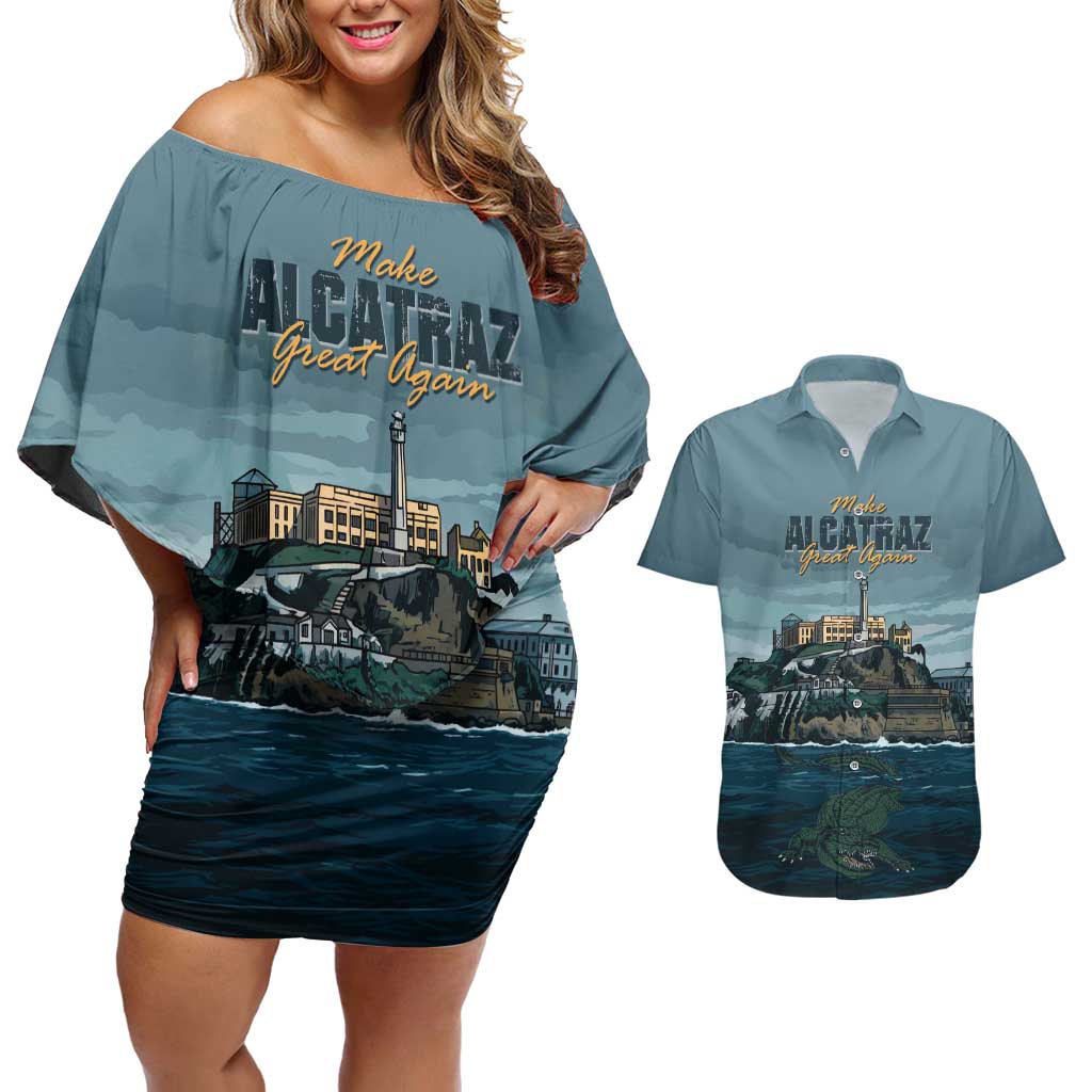Make Alcatraz Great Again Couples Matching Off Shoulder Short Dress and Hawaiian Shirt Vintage Retro - Wonder Print Shop