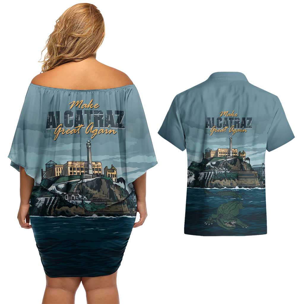 Make Alcatraz Great Again Couples Matching Off Shoulder Short Dress and Hawaiian Shirt Vintage Retro - Wonder Print Shop