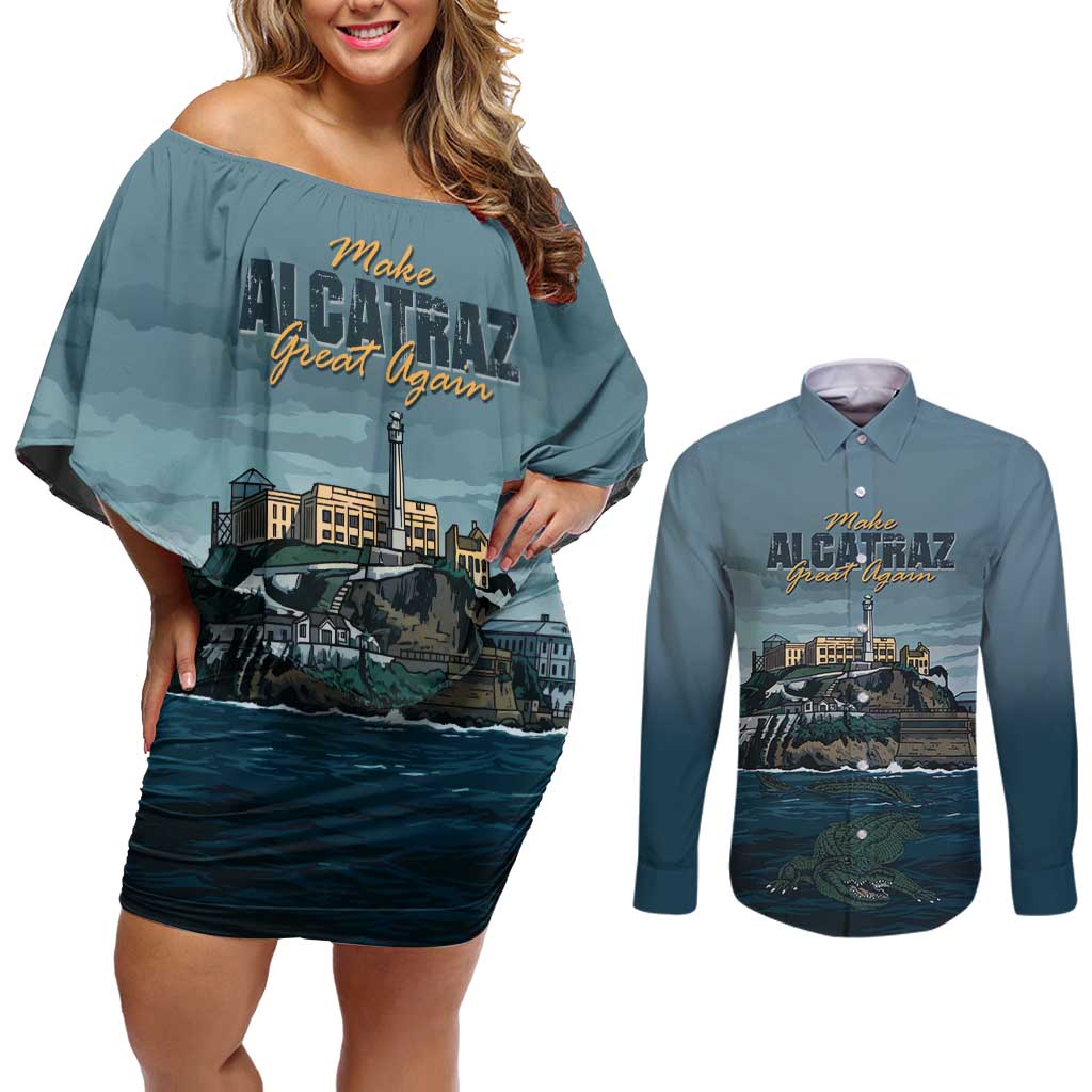 Make Alcatraz Great Again Couples Matching Off Shoulder Short Dress and Long Sleeve Button Shirt Vintage Retro - Wonder Print Shop