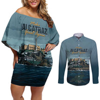 Make Alcatraz Great Again Couples Matching Off Shoulder Short Dress and Long Sleeve Button Shirt Vintage Retro - Wonder Print Shop