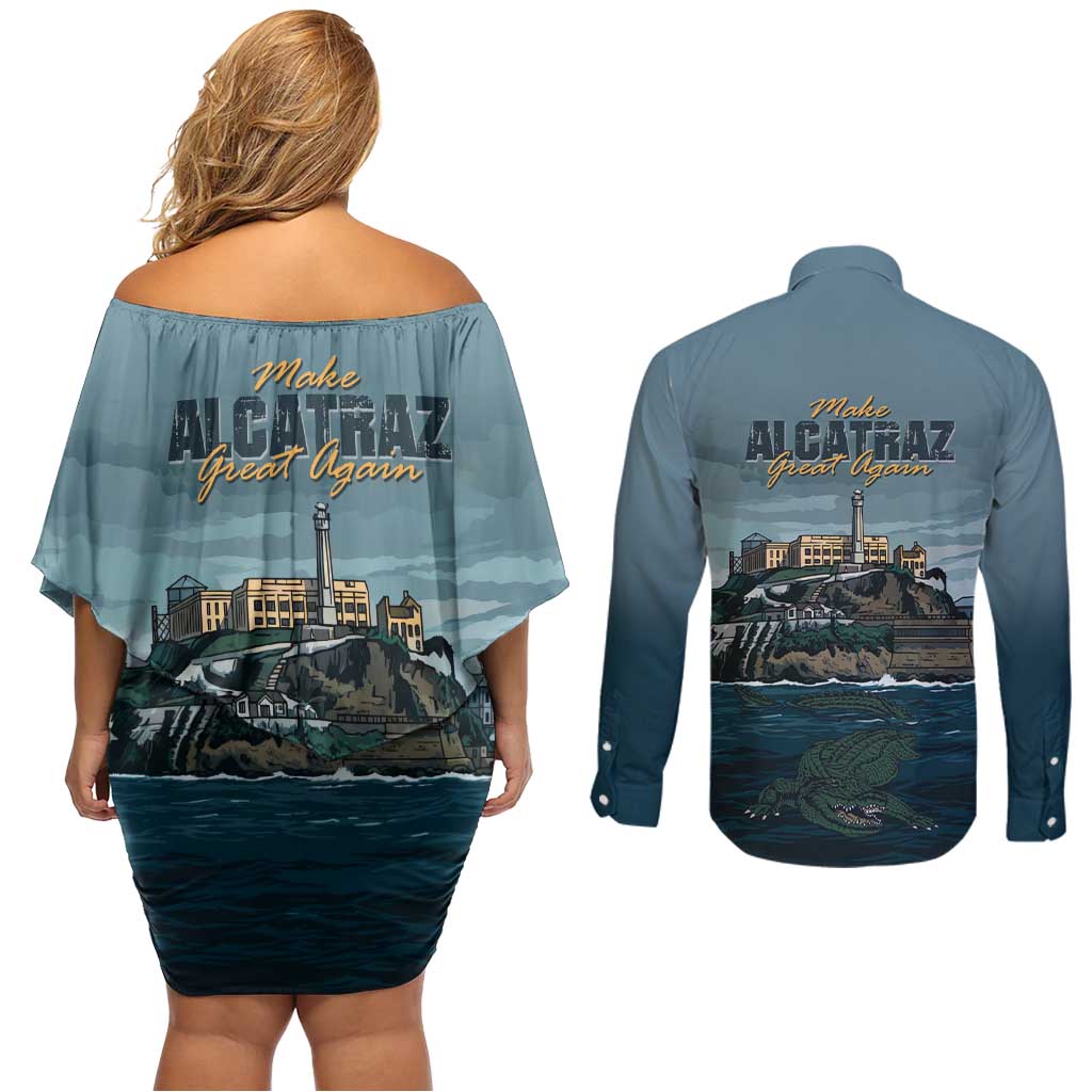 Make Alcatraz Great Again Couples Matching Off Shoulder Short Dress and Long Sleeve Button Shirt Vintage Retro - Wonder Print Shop